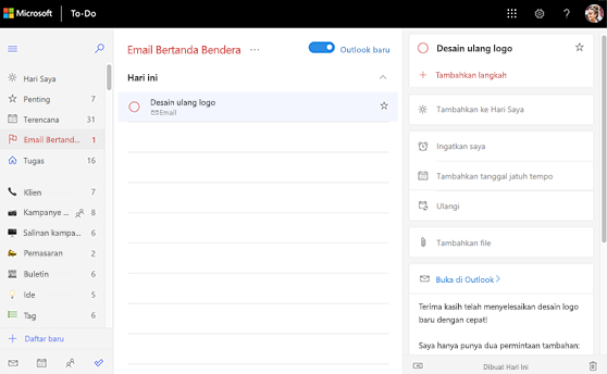 Cuplikan layar dari daftar email yang ditandai terbuka dan memperlihatkan tampilan detail dari desain ulang logo tugas. Dalam tampilan detail ada opsi untuk membuka di Outlook serta pratinjau teks email.