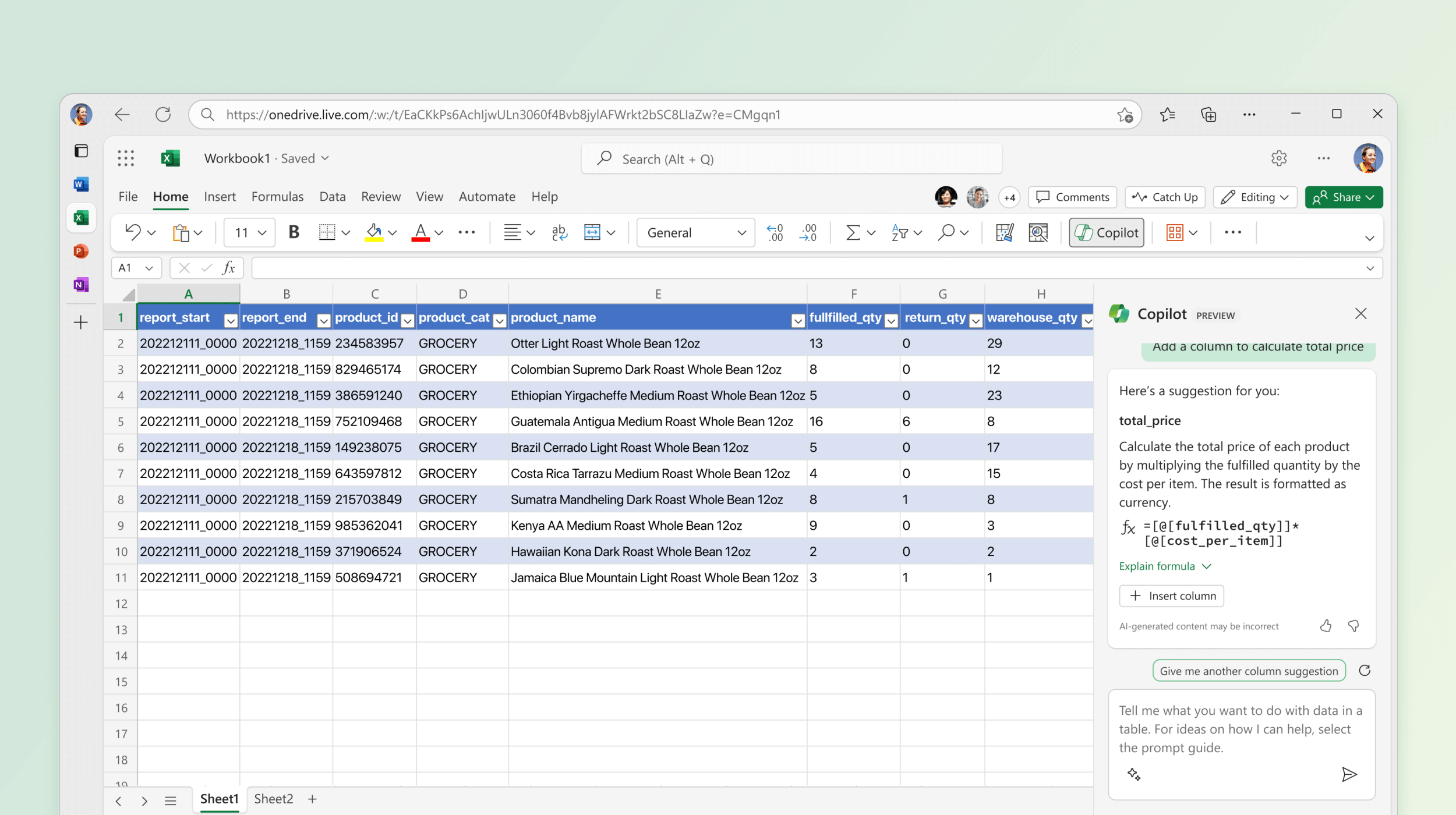 Cuplikan layar memperlihatkan Copilot di Excel yang menyarankan rumus untuk penghitungan.