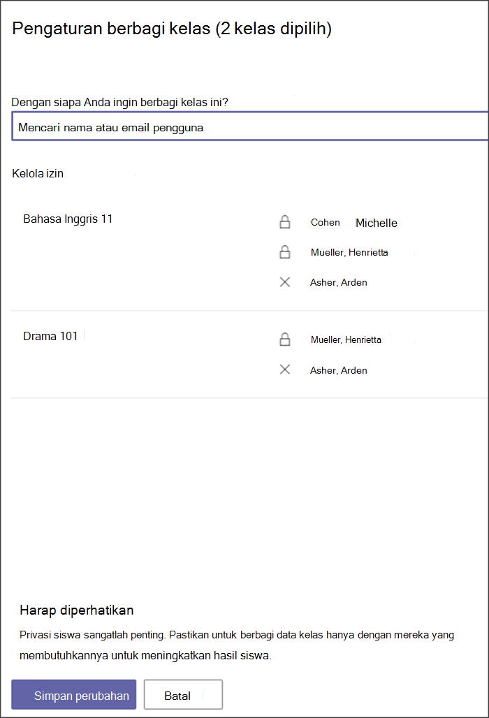 Cuplikan layar panel untuk mengelola berbagi kelas. 2 kelas ditunjukkan dengan guru terkait yang tercantum. Bilah pencarian tersedia untuk menambahkan lebih banyak guru