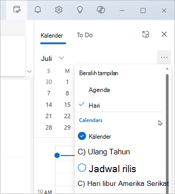 Pilih Alihkan tampilan untuk menampilkan tampilan Agenda atau tampilan Hari. Di sini Anda juga dapat memilih kalender mana yang akan ditampilkan.