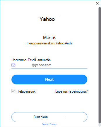 Layar penyiapan Yahoo Outlook satu - masukkan nama pengguna
