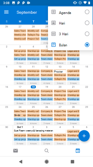 Memperlihatkan kalender, dengan menu turun bawah di sudut kanan atas. Memiliki opsi ini: Agenda, hari, 3 hari, dan bulan.