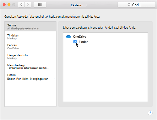 Tangkapan layar dari Ekstensi pada preferensi sistem pada Mac