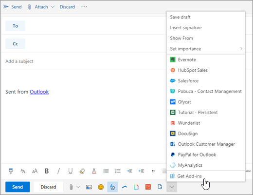 Cuplikan layar memperlihatkan pesan email dengan opsi Dapatkan Add-in dipilih.
