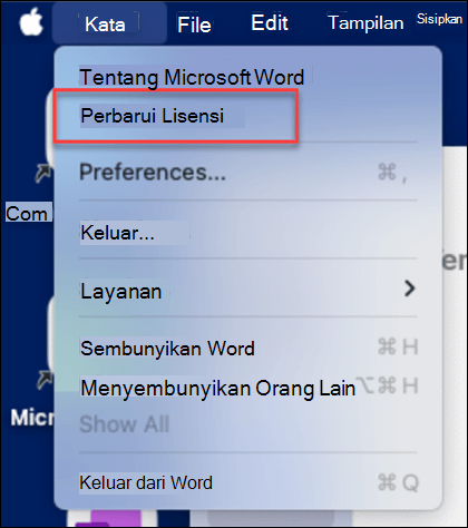 Menemukan tombol Perbarui Lisensi di Microsoft Word di MacOS.