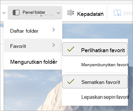 Cuplikan layar menu menurun panel Folder dengan Perlihatkan favorit dan Sematkan favorit dipilih