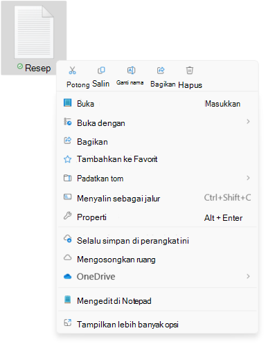 Cuplikan layar menu kontekstual file memperlihatkan opsi potong/salin/ganti nama/bagikan/hapus yang baru.