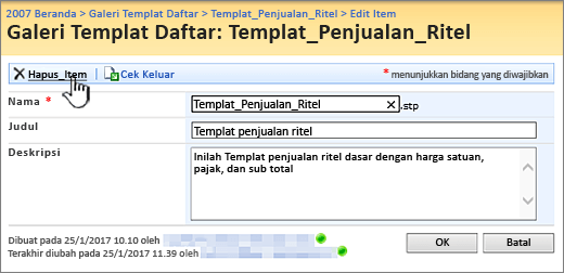 Halaman Edit Templat daftar dengan Hapus disorot.