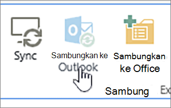 Pita dengan tombol sambungkan ke outlook yang dinonaktifkan dengan pita disorot