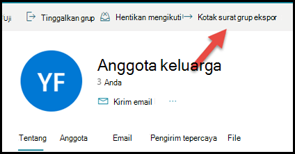 Kartu grup di Outlook.com dengan panah menunjuk ke atas dan kanan ke Ekspor Kotak Surat Grup.