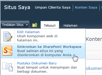 Perintah Sinkronkan ke SharePoint Workspace pada menu Tindakan Situs