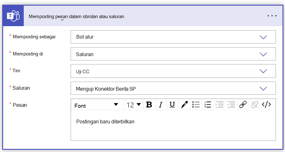 cuplikan layar pesan postingan dalam formulir saluran obrolan terisi