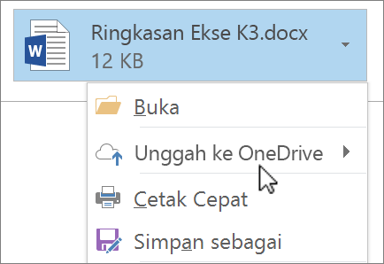 Cuplikan layar jendela penulisan Outlook, memperlihatkan file lampiran dengan perintah Unggah dipilih.