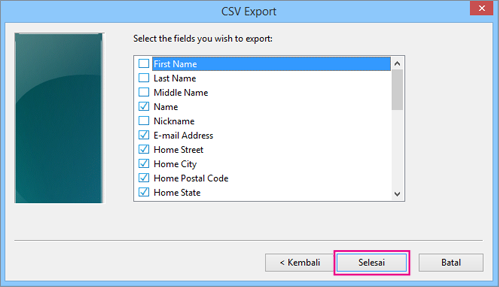 Pilih bidang yang ingin Anda ekspor ke file csv Anda dan pilih Selesai.