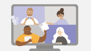 Ilustrasi yang memperlihatkan komputer dan empat orang dalam berinteraksi di layar