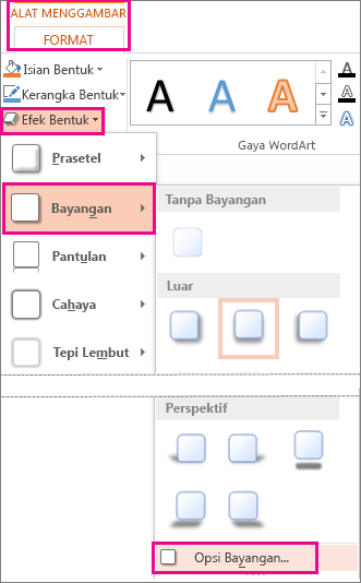 Opsi Bayangan diakses dari tab Format Alat Menggambar, Efek Bentuk, lalu klik Bayangan