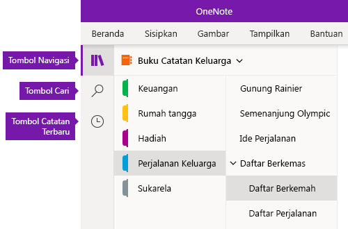 Bilah navigasi di OneNote untuk Windows 10