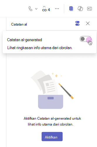 Catatan AI diaktifkan dari tombol alih dalam obrolan Teams
