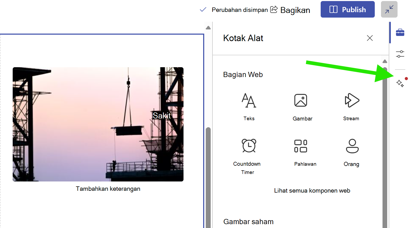 gambar titik merah pada pivot ide desain, menunjukkan ide desain yang tersedia untuk bagian Anda saat ini