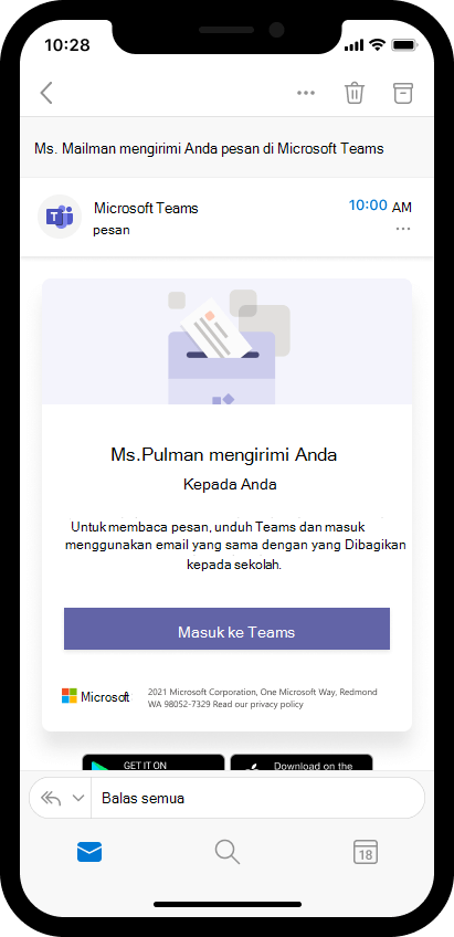 Cuplikan layar email di perangkat seluler yang mengundang orang tua untuk membuka pesan pendidik dalam Teams. 