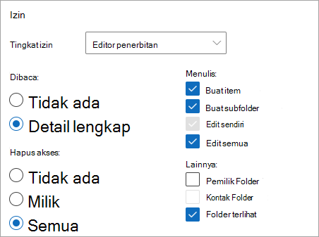 Cuplikan layar memperlihatkan editor Penerbitan dipilih sebagai tingkat izin