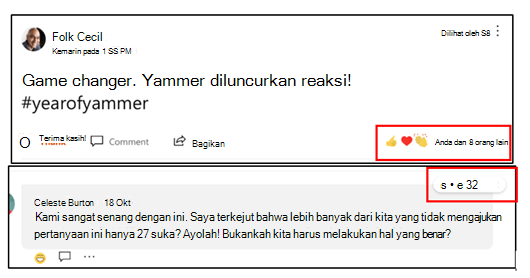 Cuplikan layar memperlihatkan reaksi paling populer di Yammer