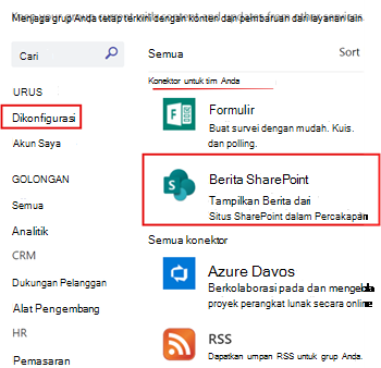 Memperlihatkan Berita SharePoint yang dikonfigurasi untuk saluran tim