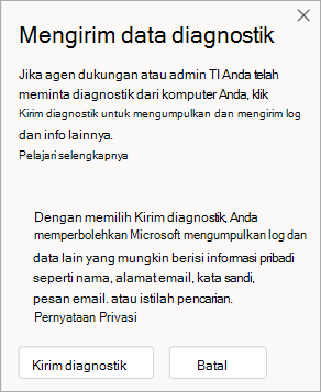 Cuplikan layar jendela memperlihatkan cara mengirim data diagnostik saat berbicara dengan agen