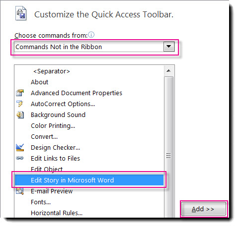 Tambahkan tombol Edit Cerita di Microsoft Word ke QAT Publisher.