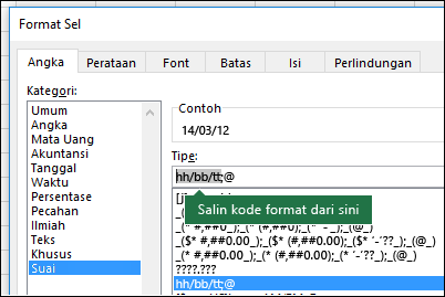 Contoh penggunaan dialog Format > Sel > Angka > Kustom agar Excel membuat string format untuk Anda.