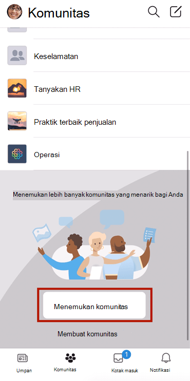 Cuplikan layar memperlihatkan menemukan komunitas Yammer di ponsel dengan pilihan