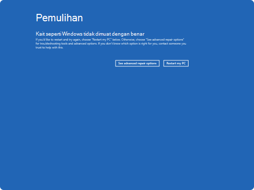 Cuplikan layar layar pemulihan Windows RE.