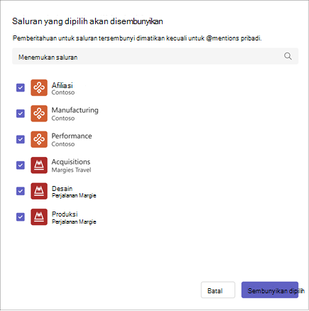 Cuplikan layar antarmuka pemilihan saluran. Ini memiliki daftar saluran, kotak centang untuk memilihnya, dan peringatan tentang pemberitahuan yang dimatikan. Pilih saluran untuk menyembunyikannya.