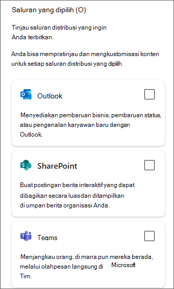 Cuplikan layar panel samping memperlihatkan kotak centang untuk Outlook, SharePoint, dan Teams.