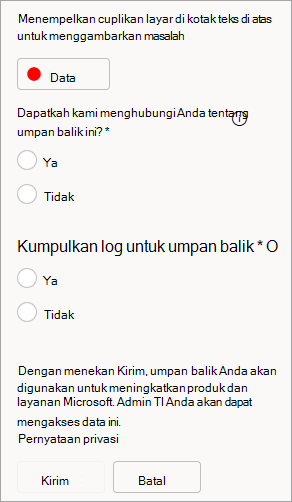 Cuplikan layar memperlihatkan opsi untuk mengizinkan kontak dan mengirim log saat mengirimkan umpan balik