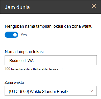 Kotak alat untuk webpart Jam Dunia untuk situs SharePoint, memperlihatkan cara mengkustomisasi nama tampilan dan zona waktu