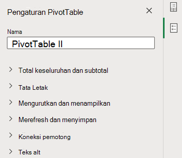 Panel Pengaturan PivotTable di Excel untuk web