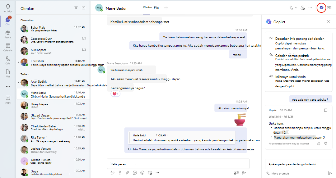 Tampilan Copilot dalam obrolan Teams