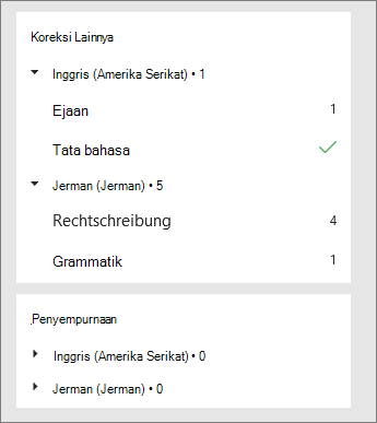 Koreksi dan perbaikan dicantumkan per bahasa di panel Editor.
