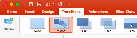 Memperlihatkan Morf di menu Transisi PowerPoint 2016 untuk Mac