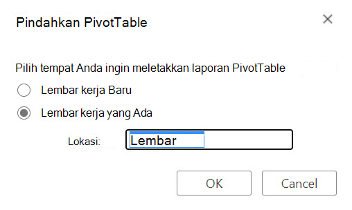Dialog Pindahkan PivotTable dalam Excel untuk web.