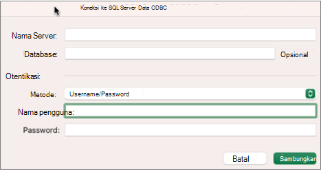 Kotak dialog SQL Server untuk memasukkan server, database, dan kredensial