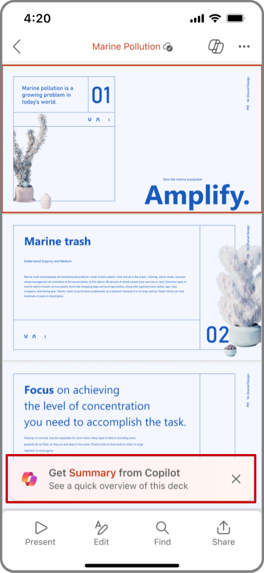 Cuplikan layar Copilot di PowerPoint pada perangkat iOS dengan Perintah Dapatkan Ringkasan disorot