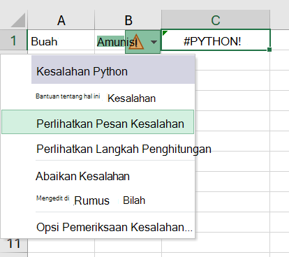 Kesalahan pada sel Python di Excel, dengan menu kesalahan terbuka.