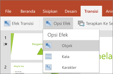 Memperlihatkan transisi > opsi efek menu di PowerPoint untuk Android.