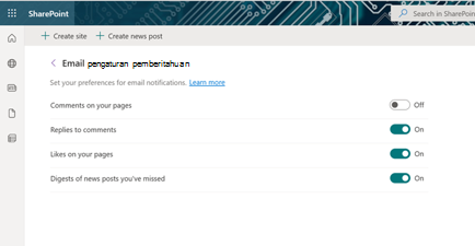 Cuplikan layar preferensi pemberitahuan email