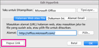 Menghapus hyperlink Office untuk Mac