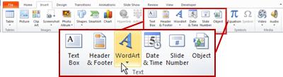 Tab Sisipkan di PowerPoint 2010, dengan tombol WordArt disorot.