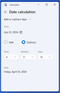 Mengurangi periode waktu dari tanggal dalam Kalkulator Windows.