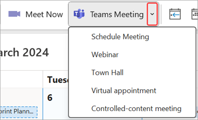Image showing how to schedule a new Teams meeting from the Outlook desktop app.